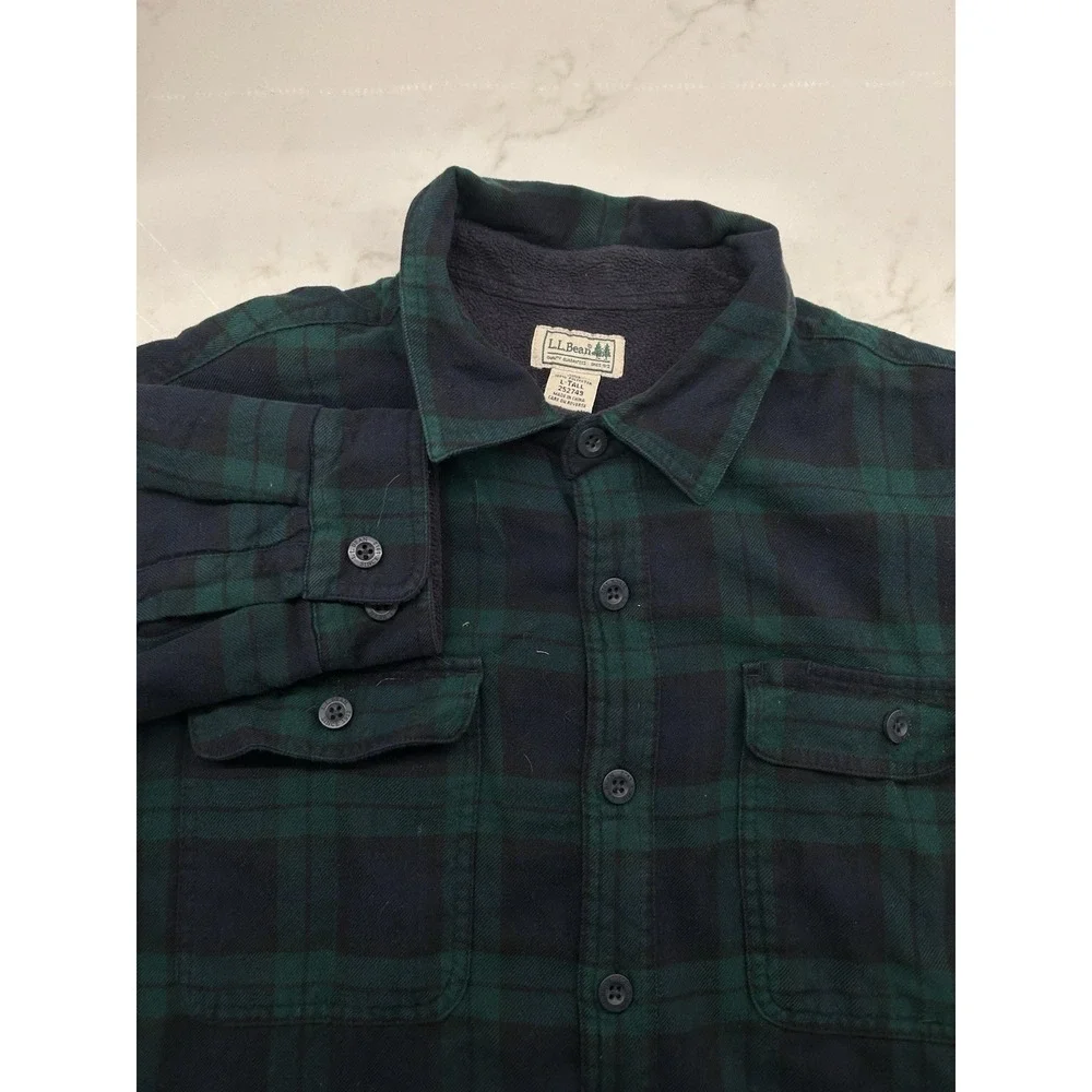 LL Bean Flannel Button Up Shirt Fleece Lined Green Navy Blue‎ Size Large Tall LT